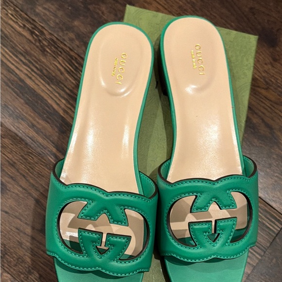 Gucci Shoes - Gucci Green Leather Interlocking GG Slip-On Mules
